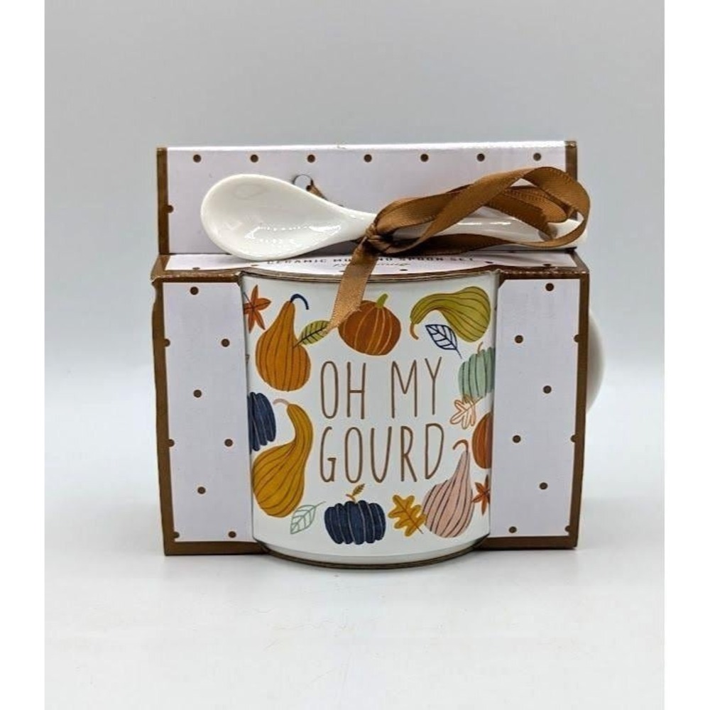 Fall Autumn Ceramic Coffee Mug & Spoon Autumn Pumpkin Oh My Gourd 13oz Gift NEW
